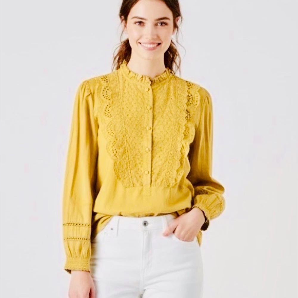 J. Crew Yellow Ruffle-Neck Eyelet Lace Long Sleeve Blouse Sz 8